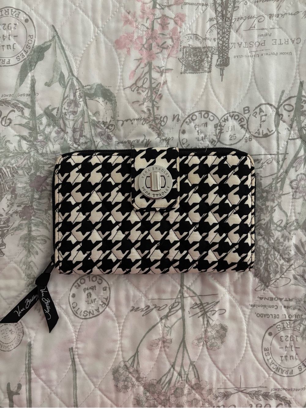 Vera Bradley Black & White Houndstooth Zip-Around Wallet with Turn-Lock Accent